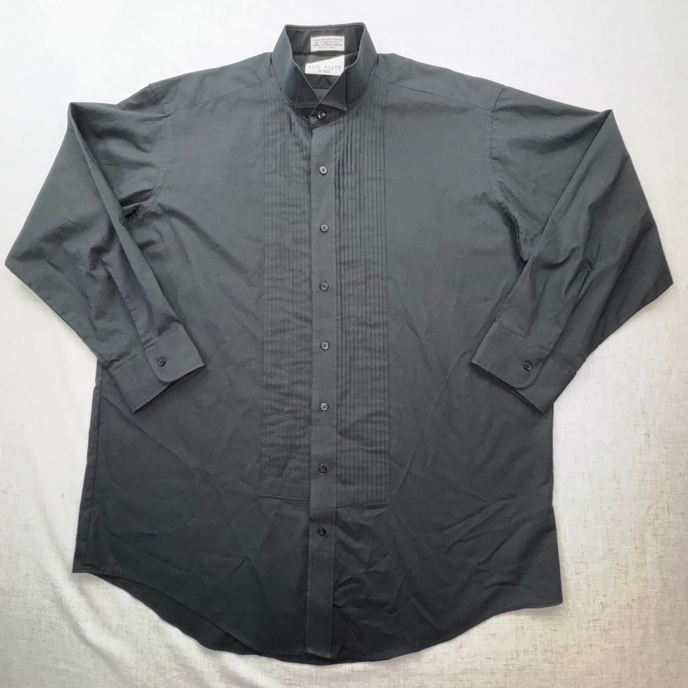 Neil Allyn Tuxedo Shirt Mens XL Black Wing Collar Pleated Front Formal Wedding